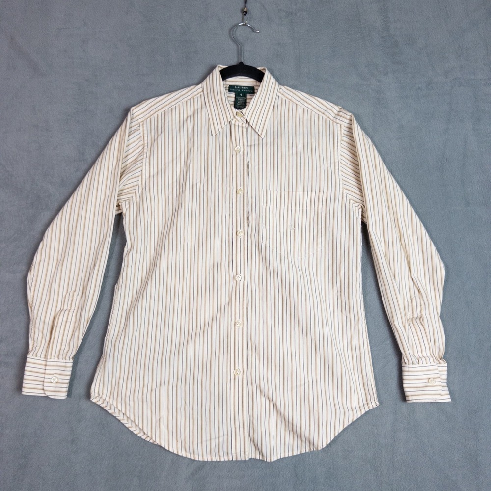 Lauren Ralph Lauren Button Down Shirt Women 4 White Tan Striped Cotton Good
